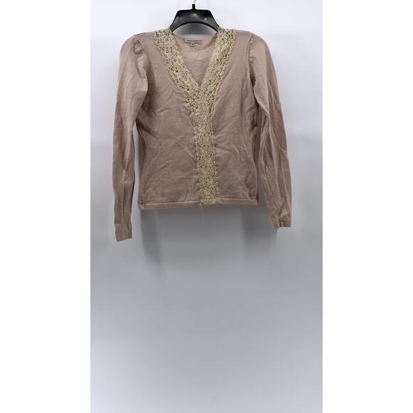 ARMAND VENTILO Women's Light Pink-Beige Wool-Blend V-Neck Lace-Trim Sweater SZ M - Picture 1 of 10